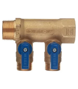 Коллектор с шаровыми клапанами TIEMME 2 отвода 3/4x1/2"(16) (латунь) синие ручки, 1820029