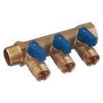 Коллектор с шаровыми клапанами TIEMME 3 отвода 3/4"*1/2"(16) (латунь) синие ручки, 1820035