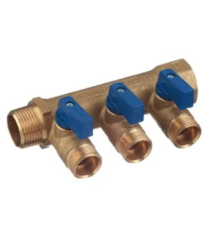 Коллектор с шаровыми клапанами TIEMME 3 отвода 3/4"*1/2"(16) (латунь) синие ручки, 1820035